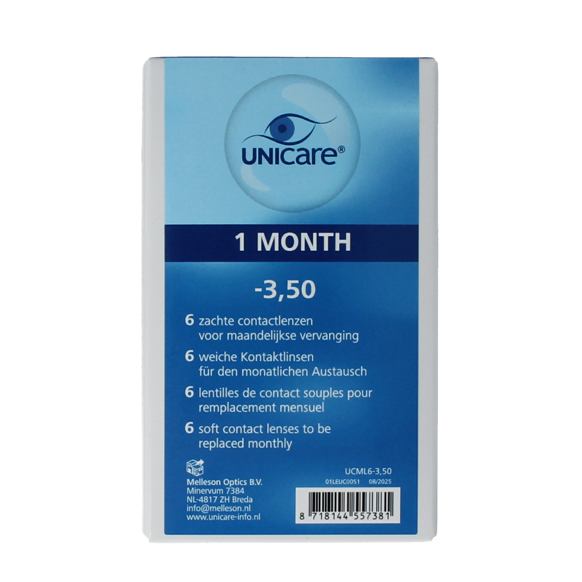 Unicare contact lenses in -3.50 strength, 6-pack, shown in a clear container for optiek eye care.