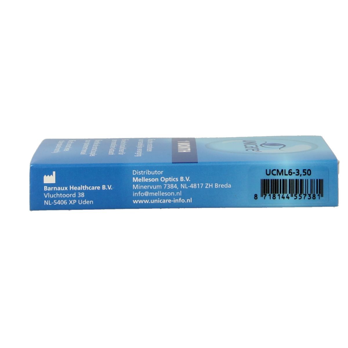 Unicare contact lenses -3.50 diopters, pack of 6 soft optical lenses, shown in blister pack with brand logo and clear lens details.