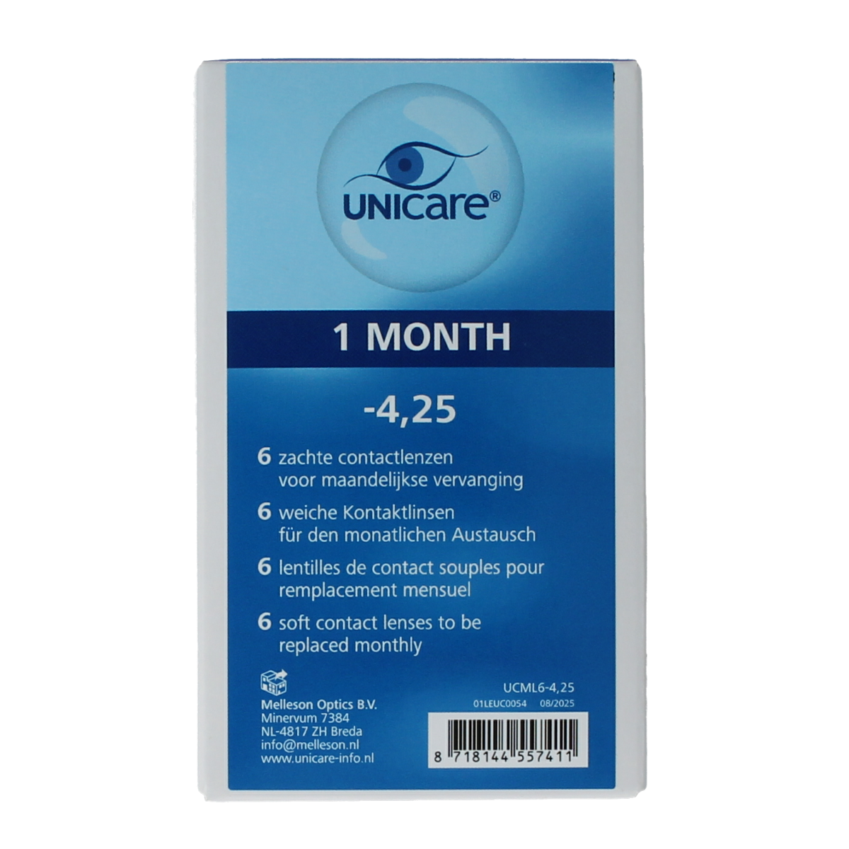 Unicare contact lenses -4.25 prescription in a box of 6 pairs, optical product with clear lens images and packaging.