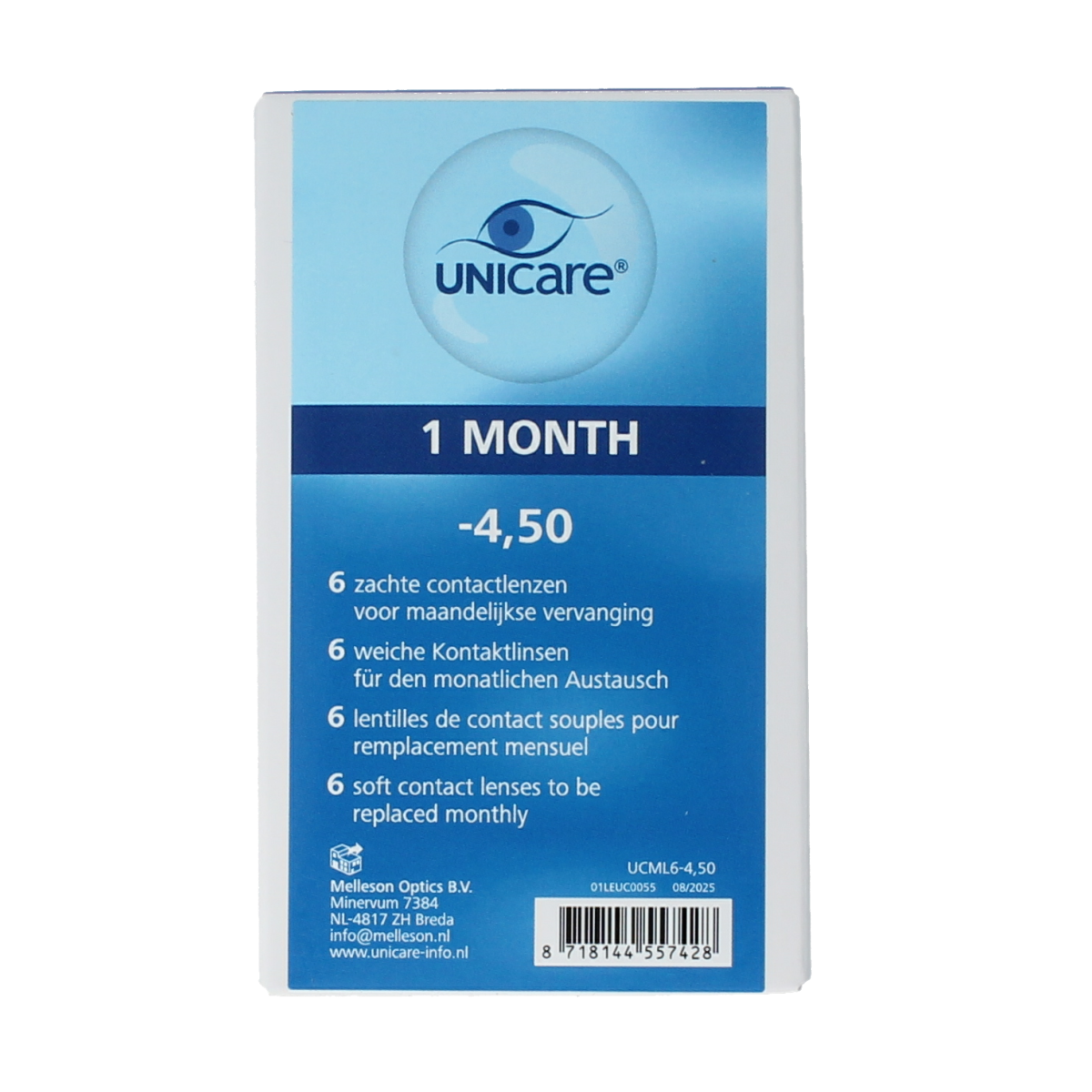 Unicare contact lenses -4.50 diopters, 6-pack, shown in a clear container with brand logo and lens details.