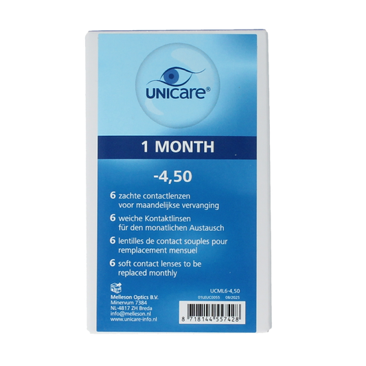 Unicare contact lenses -4.50 diopters, 6-pack, shown in a clear container with brand logo and lens details.