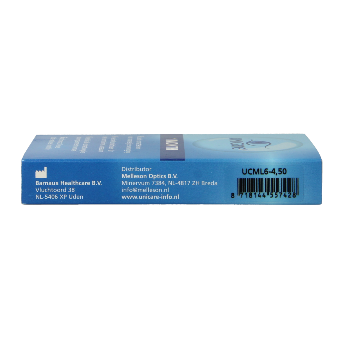 Unicare contact lenses -4.50 diopters, 6-pack, optiek brand, shown in blister pack with clear lenses.