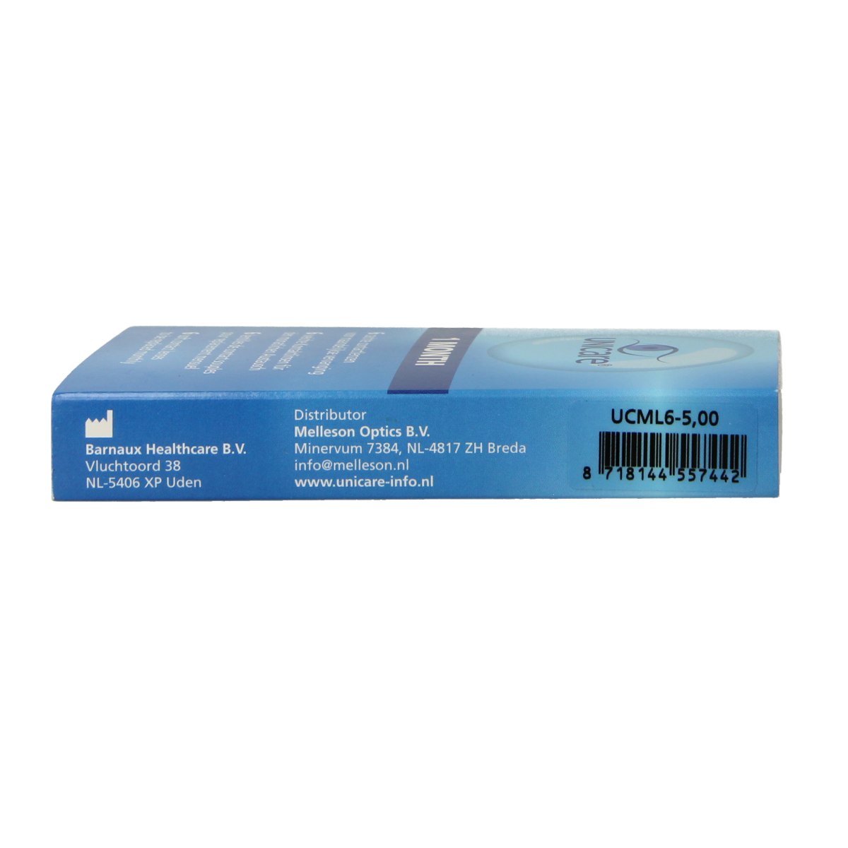 Unicare contact lenses -5.00 diopters, pack of 6, for clear vision, shown in a clean, professional optics setting.