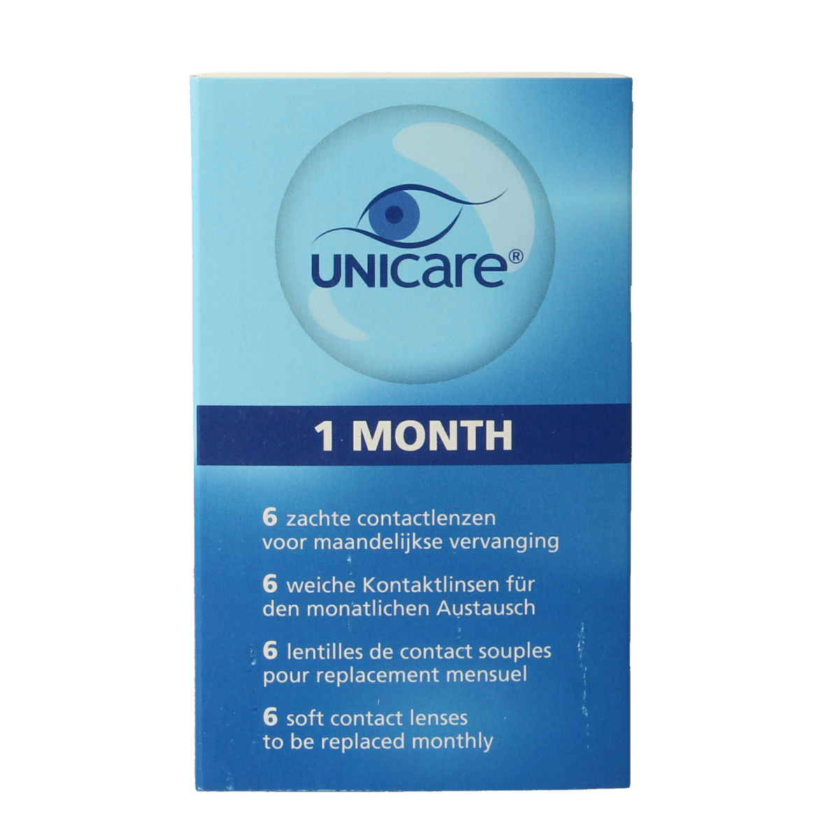 Unicare contact lenses -5.25 diopters, 6-pack, optiek brand, showing the lenses and packaging on a white background.