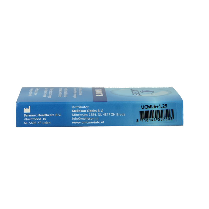 Unicare contact lenses +1.25 diopter, 6-pack, for optical vision correction, displayed in a clear container.