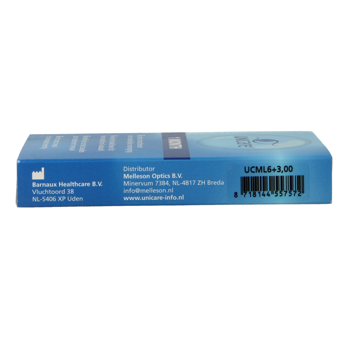 Unicare contact lenses +3.00 diopters, 6-pack, shown in blister packaging for optiek eye correction.