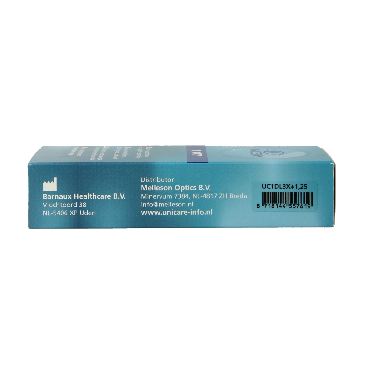 Unicare Daglenzen +1.25 diopter optical lenses, set of 30 in a clear container, for vision correction.