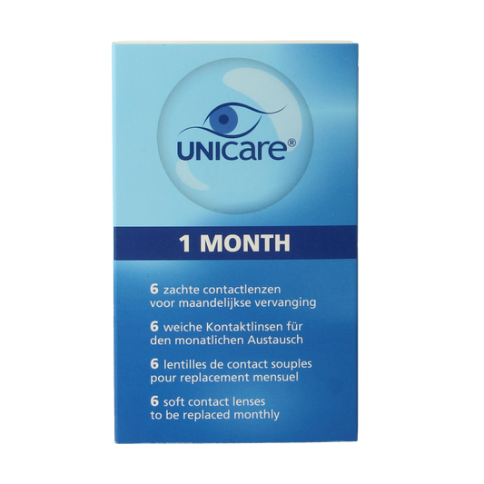 Unicare contact lenses -0.50 diopters, pack of six soft optical lenses, shown in a clear container on a white background.