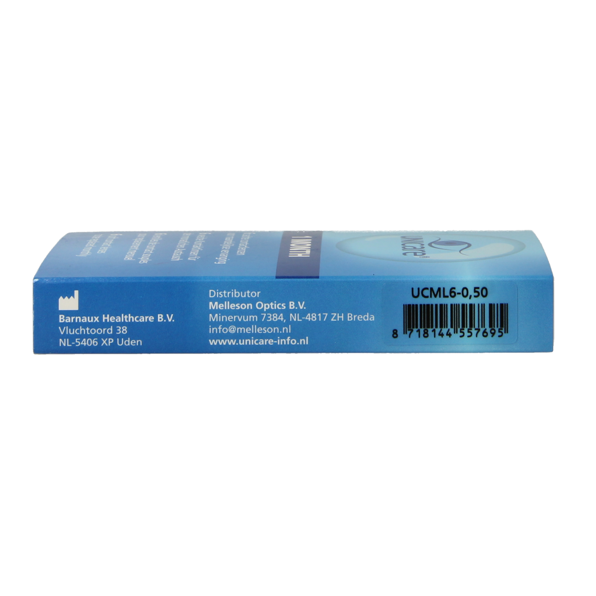 Unicare contact lenses -0.50 diopters, pack of 6, for vision correction, shown in clear lens case with brand logo.