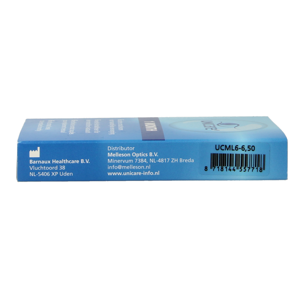 Unicare contact lenses -6.50 diopters, 6 pack, optical lenses for vision correction, packaged in a clear box with branding.