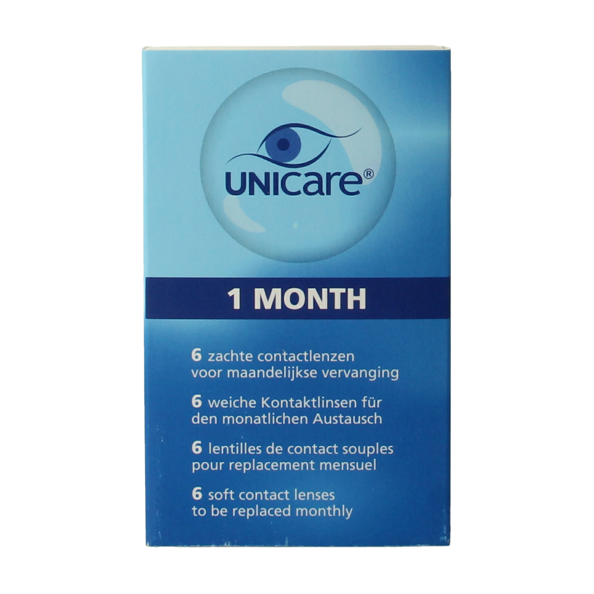 Unicare contact lenses -7.50 diopters, 6-pack, optical lenses for vision correction, in a clear container.