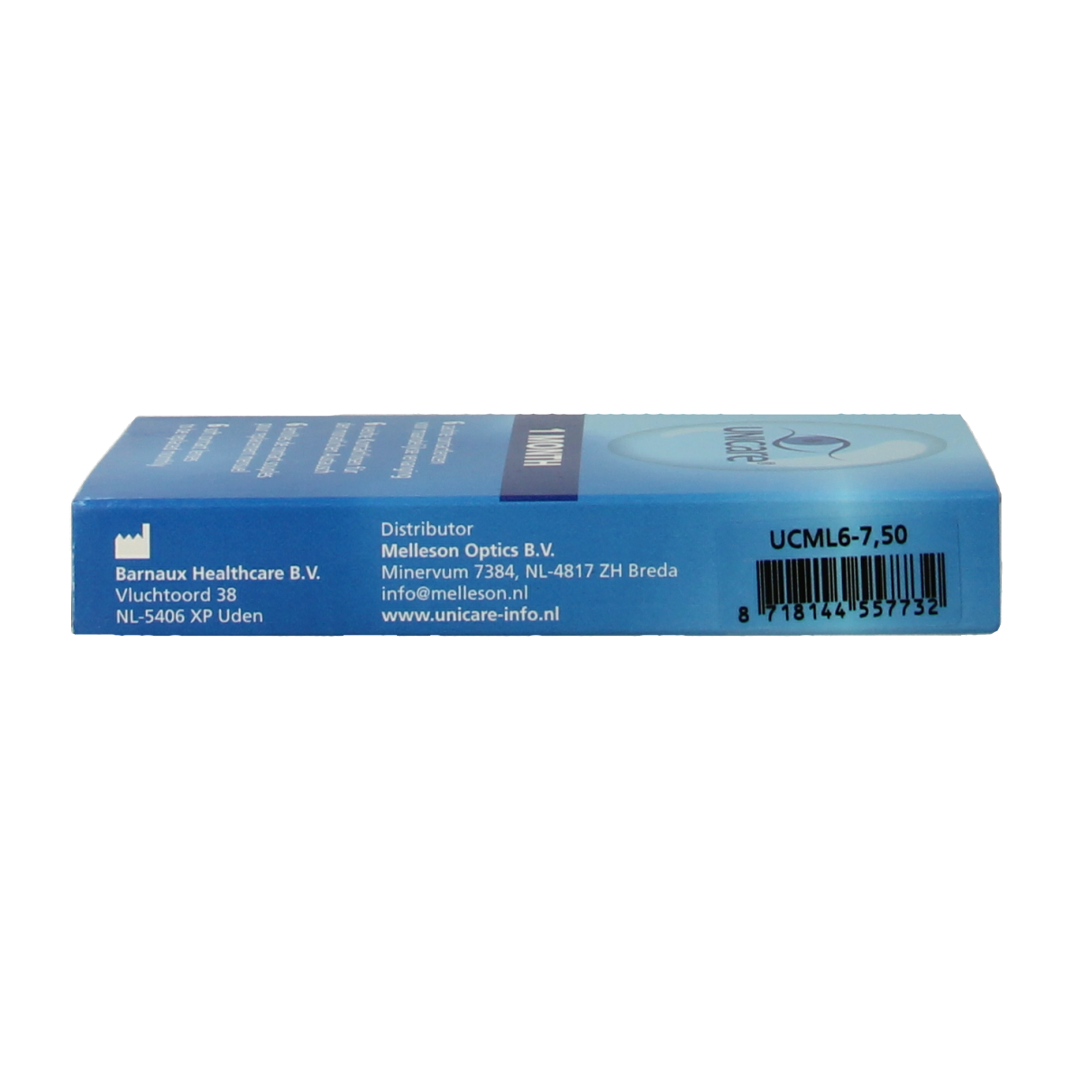 Unicare contact lenses -7.50 prescription, 6 pack, shown in a clear container with branding visible.