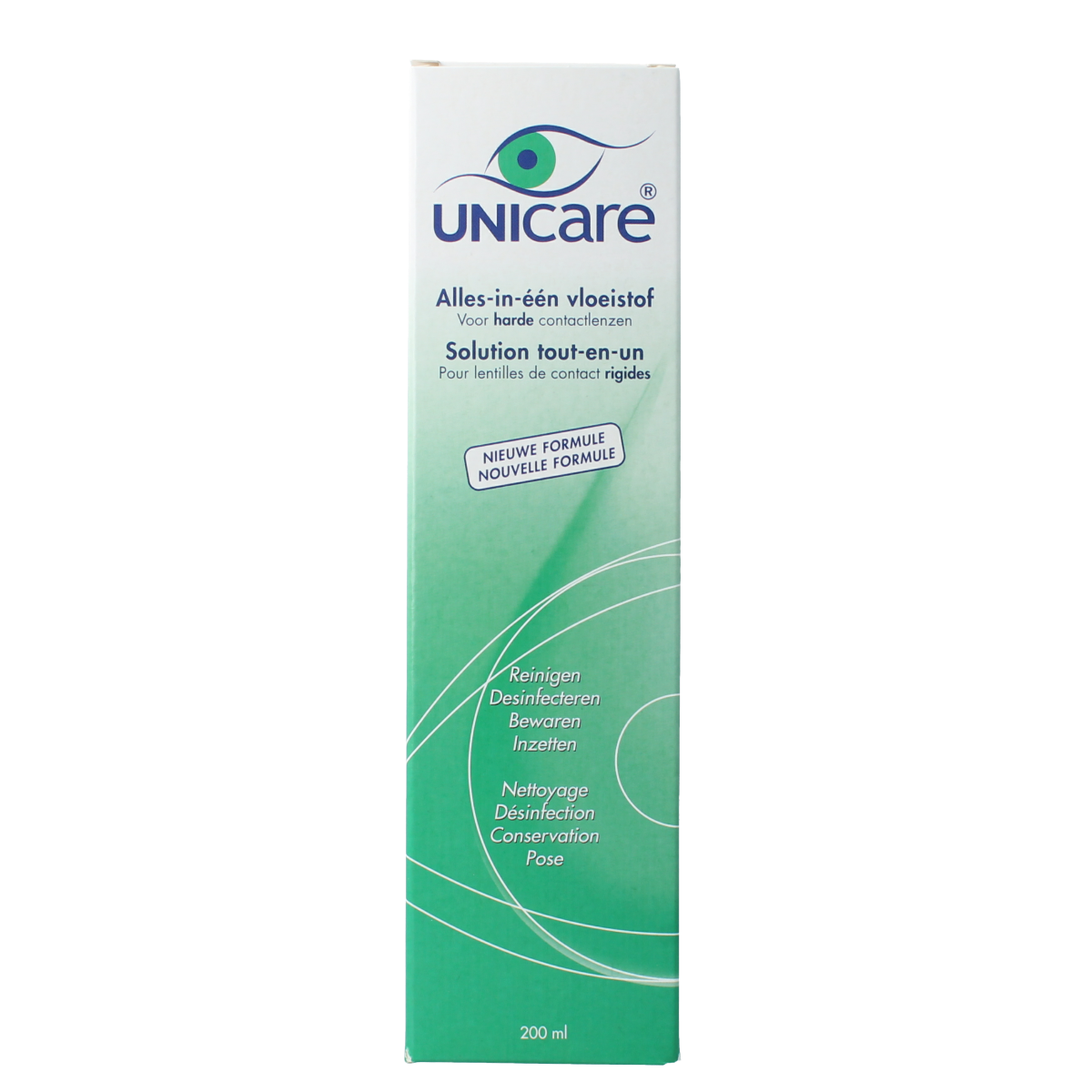 Unicare alles-in-een vloeistof voor harde contactlenzen, 200 ml, optiek product with bottle and label visible.
