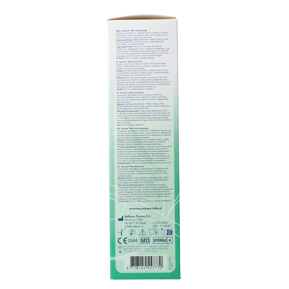 Unicare Alles-in-een vloeistof voor harde contactlenzen, 200 ml, optiek product with a clear bottle and label.