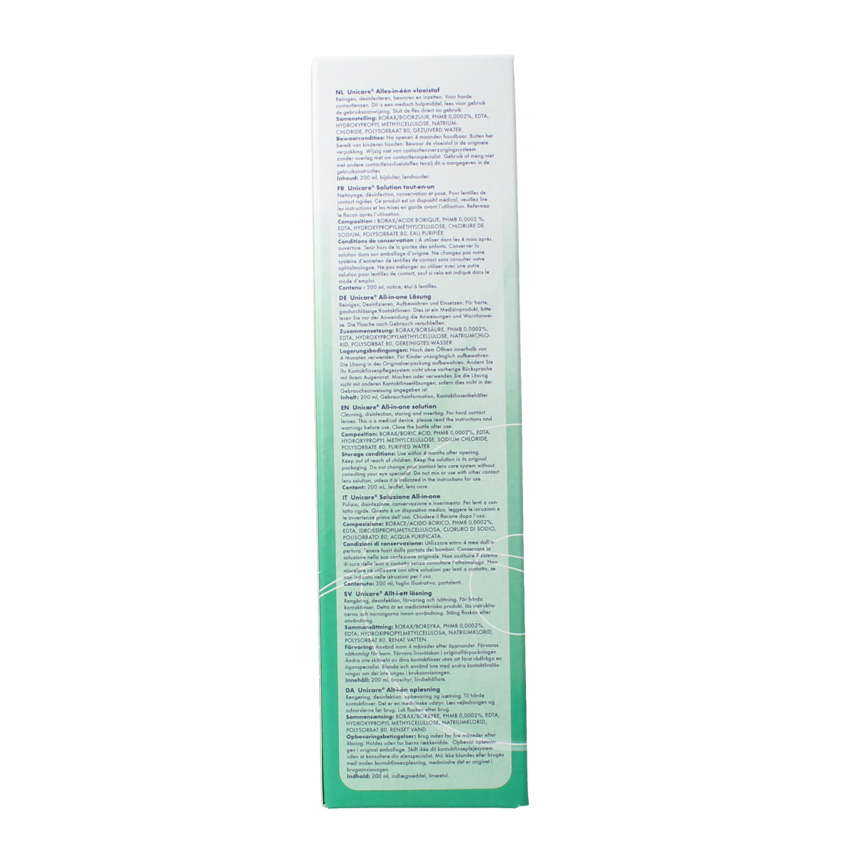 Unicare Alles-in-een vloeistof voor harde contactlenzen, 200 ml, optiek product with a bottle and label.