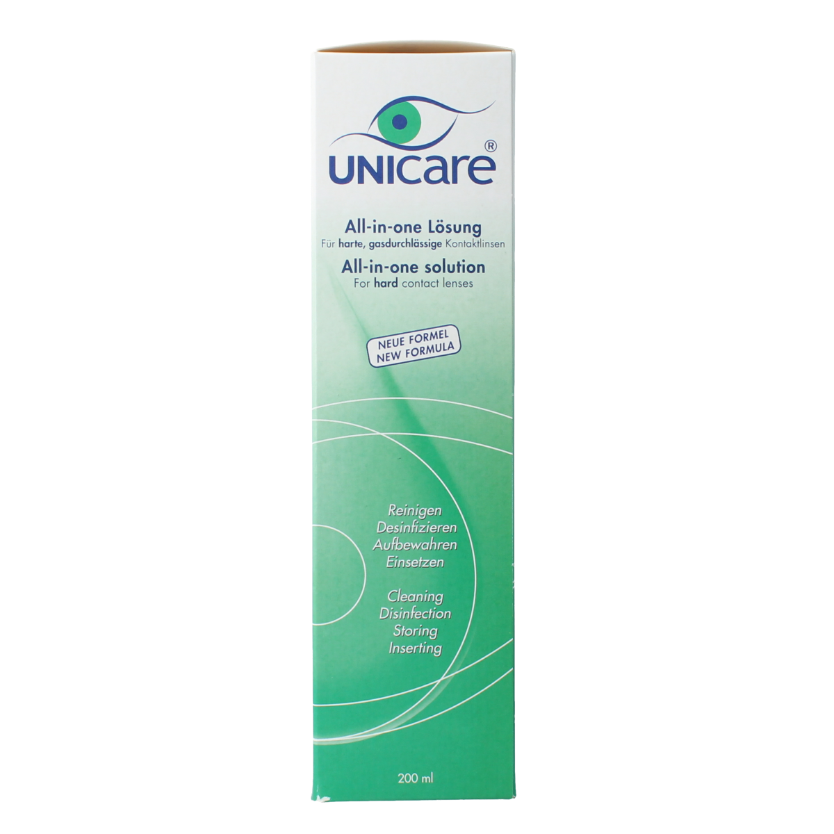 Unicare Alles-in-een vloeistof voor harde contactlenzen, 200 ml, optiek product with a bottle of contact lens solution.