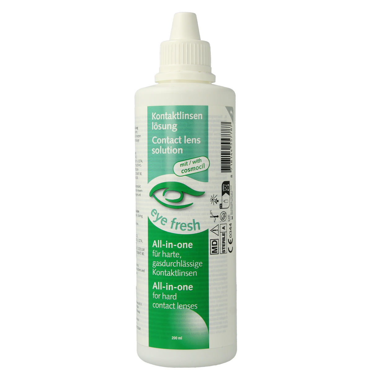 Eyefresh Alles-in-1 contact lens solution in a 200ml bottle, suitable for hard lenses, designed for optical eye care.