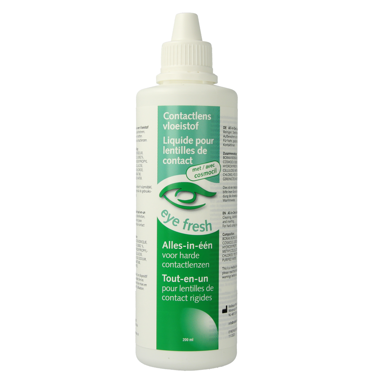 Eyefresh Alles-in-1 contact lens solution for hard lenses, 200ml bottle, suitable for cleaning and storing optical lenses.