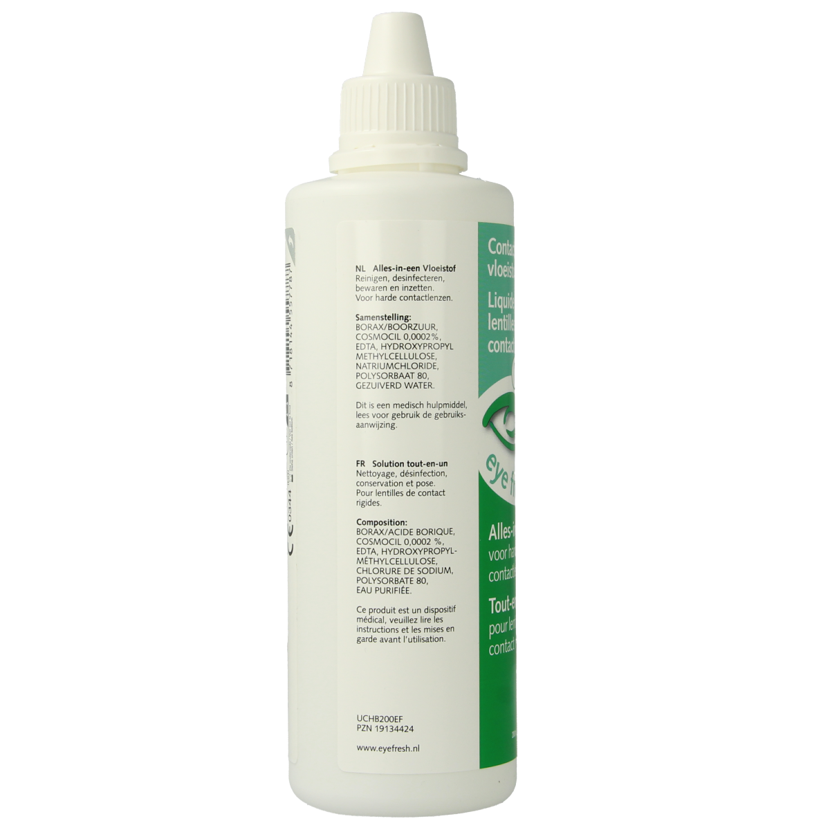 Eyefresh Alles-in-1 contact lens solution for hard lenses, 200 ml bottle, optiek brand, clear liquid in a container.