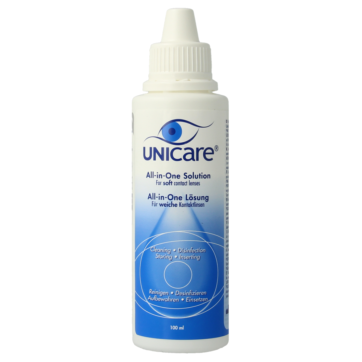 Unicare Alles-in-een vloeistof voor zachte contactlenzen, 100ml, optiek product with a clear bottle and label.