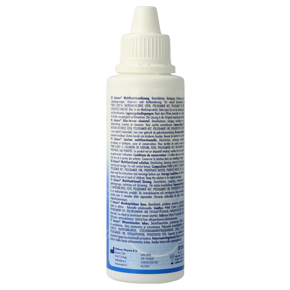 Unicare Alles-in-een zachte contactlensvloeistof 100ml voor comfort en reiniging van zachte contactlenzen.
