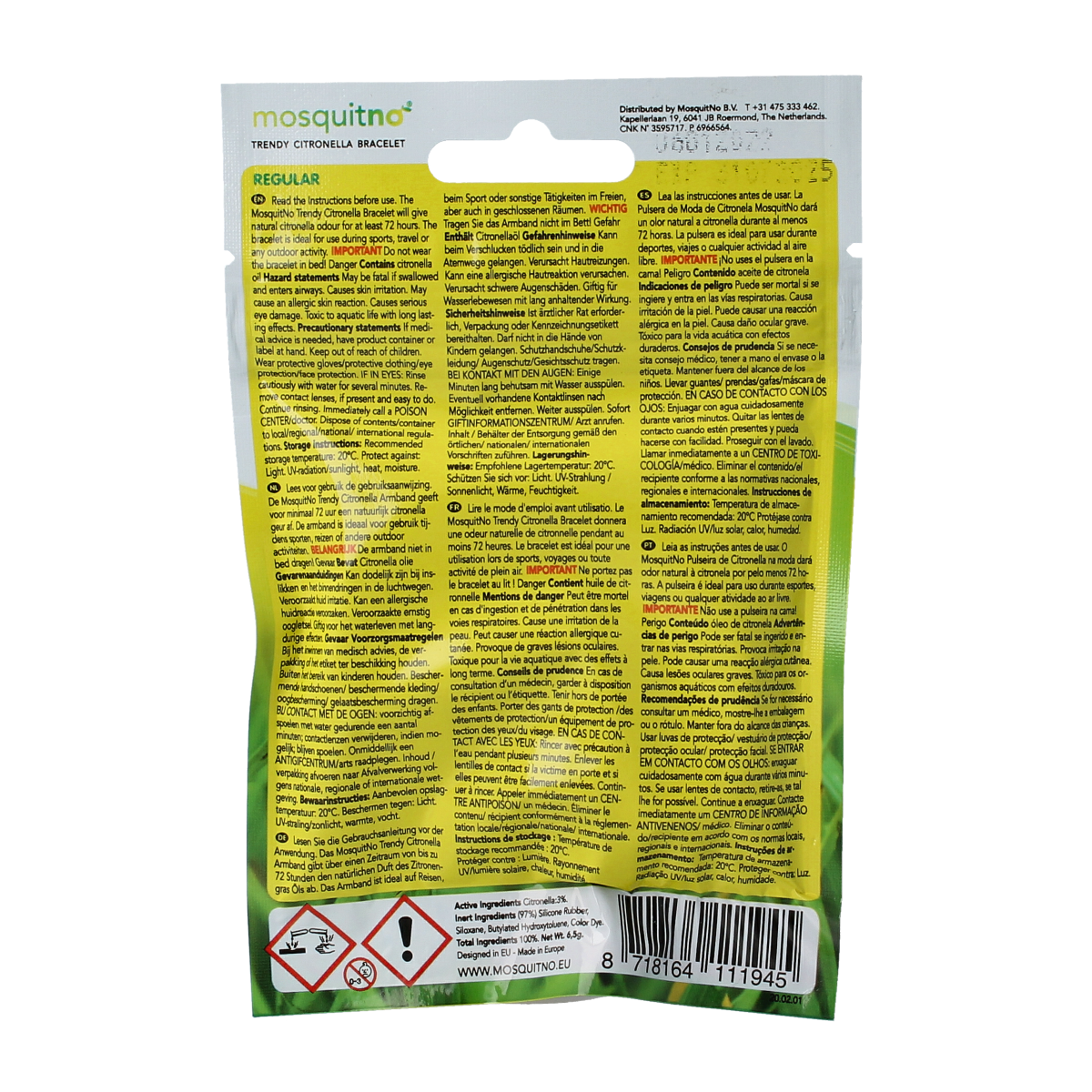 Mosquitno citronella bracelet for mosquito bites and stings, shown in a close-up image.