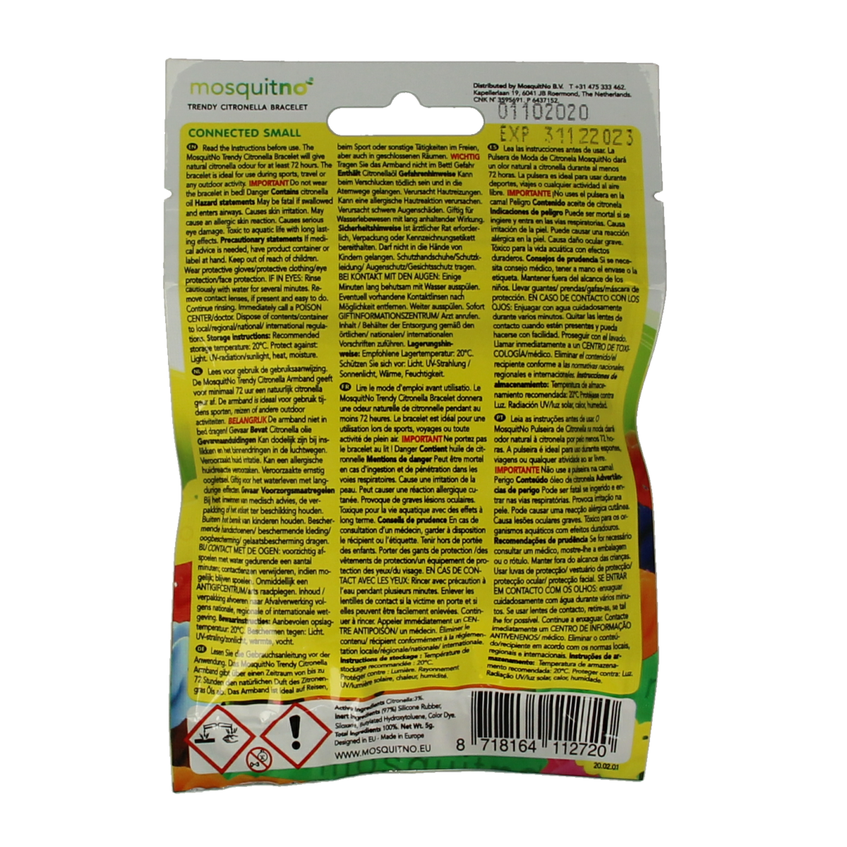 Mosquitno insect repellent bracelet for kids, designed to protect against mosquito bites, shown in a colorful bracelet image.