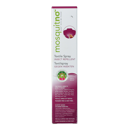 Mosquitno insect spray bottle for bites and stings, 50ml, with label and spray nozzle visible.