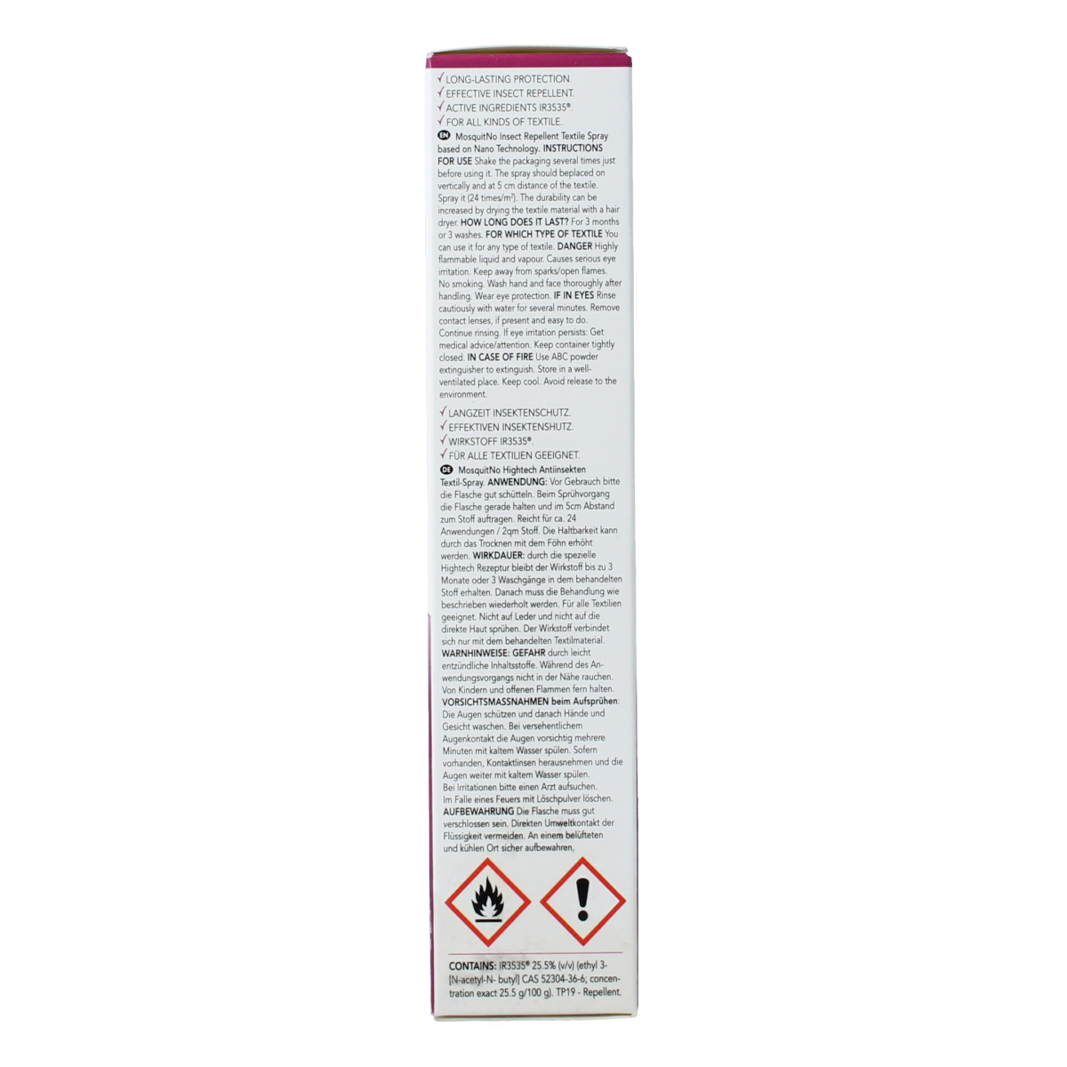 Mosquitno insect repellent spray for bites and stings, 50ml, shown in a transparent bottle with label and spray nozzle.