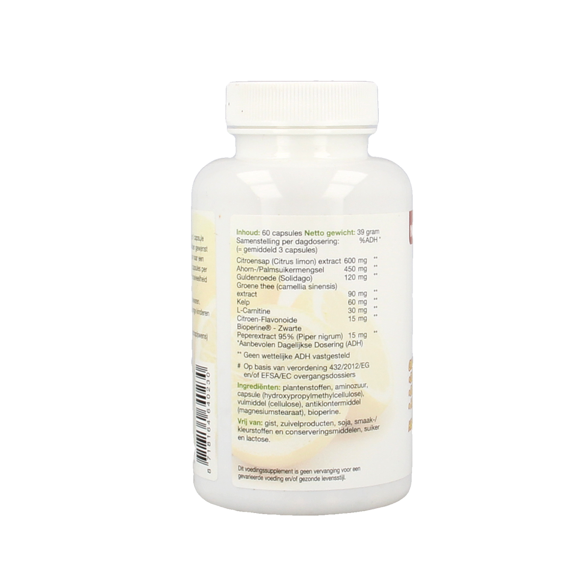 Natusor Citroensapkuur capsules in a bottle, herbal supplement for digestive health, natural herbal remedy by Natusor.