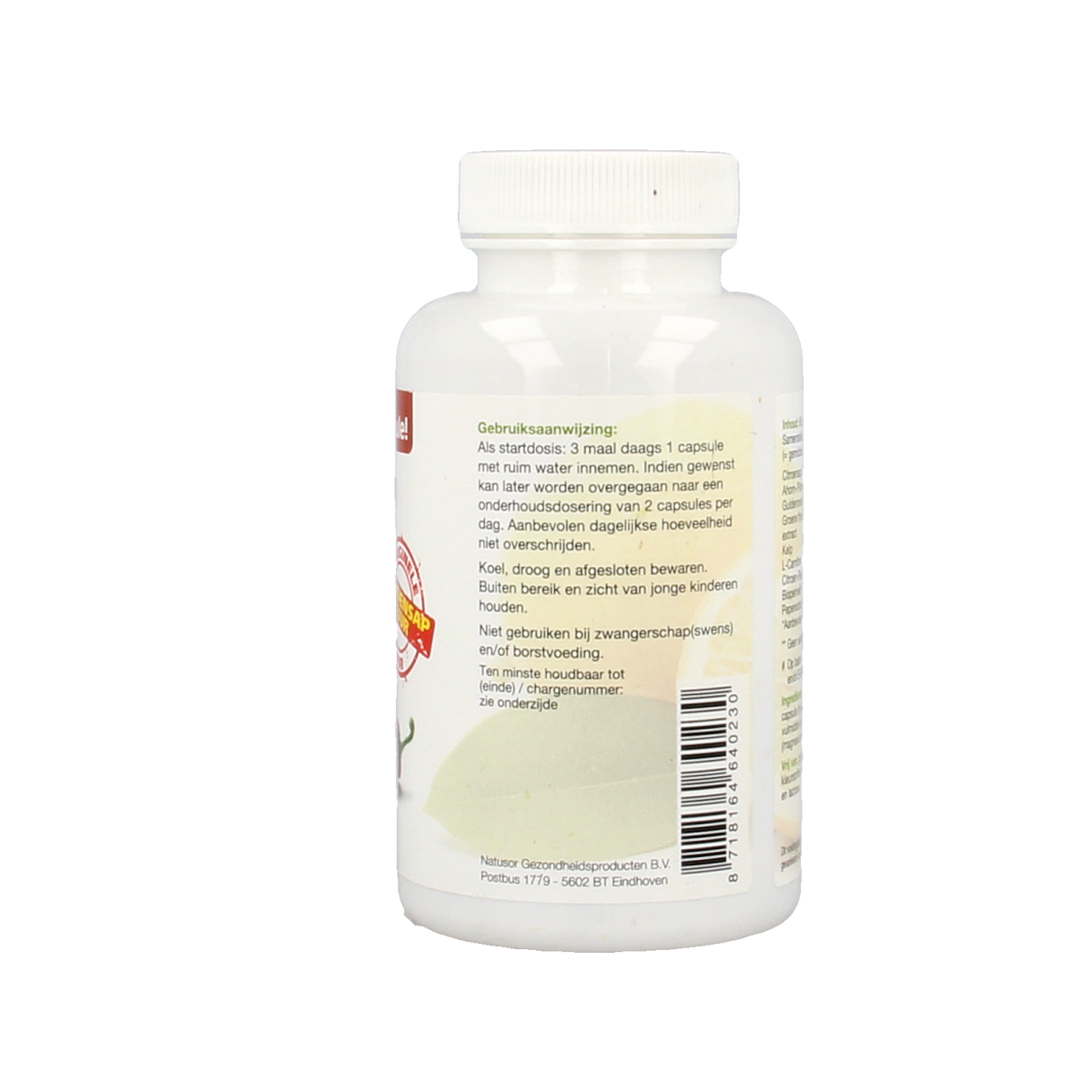 Natusor Citroensapkuur herbal supplement capsules in a bottle, natural ingredients for digestive health.