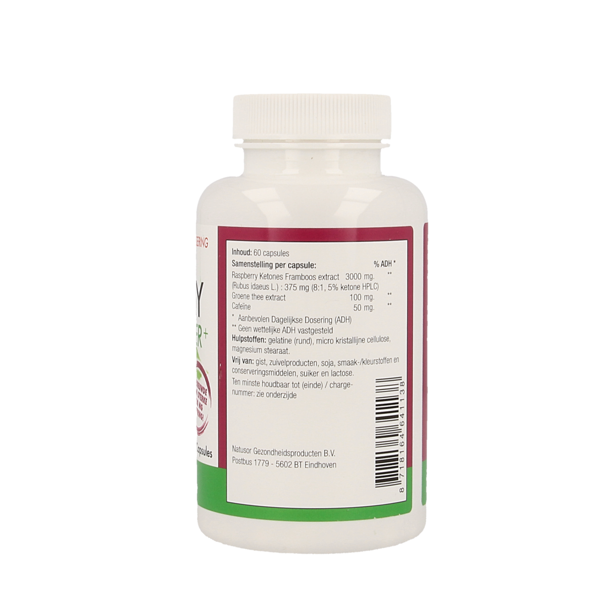 Natusor Raspberry Ketone Burner capsules in a bottle, dietary supplement for weight management, part of Natusor herbal preparations.