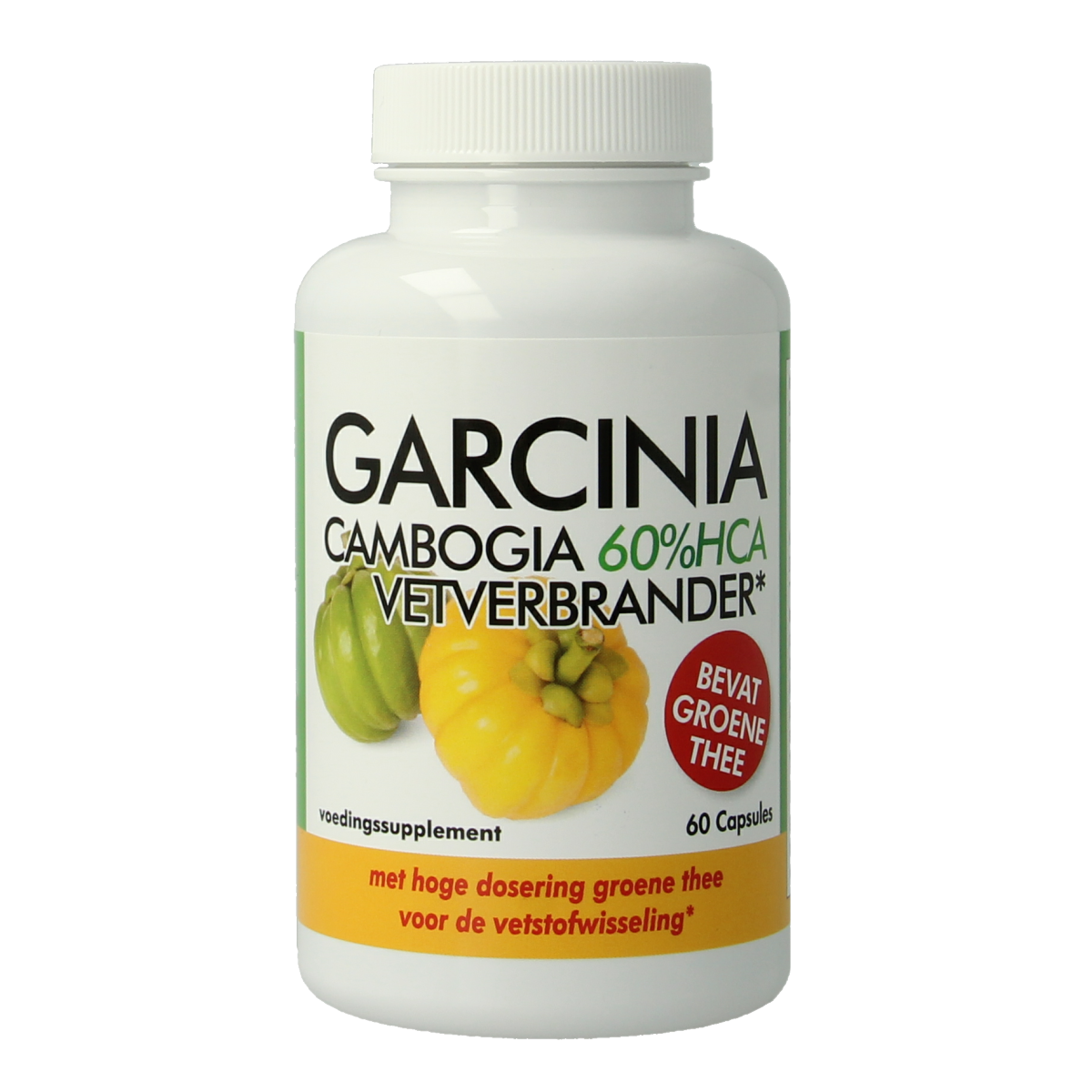 Natusor Garcinia cambogia 60% HCA capsules, herbal supplement in a clear bottle with 60 capsules, for weight management and metabolism.