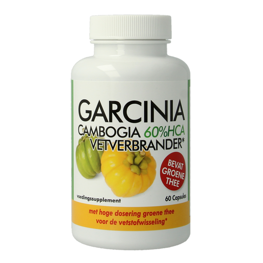 Natusor Garcinia cambogia 60% HCA capsules, herbal supplement in a clear bottle with 60 capsules, for weight management and metabolism.