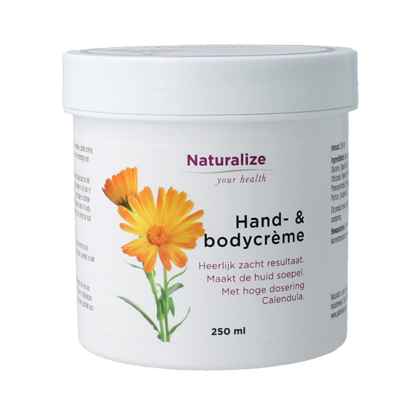 Naturalize hand and body cream in 250ml jar, moisturizing body care product with natural ingredients.