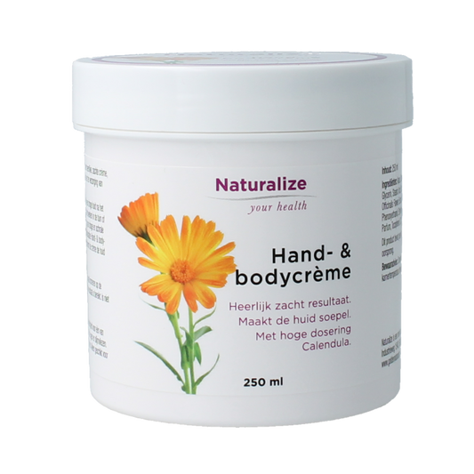 Naturalize hand and body cream in 250ml jar, moisturizing body care product with natural ingredients.