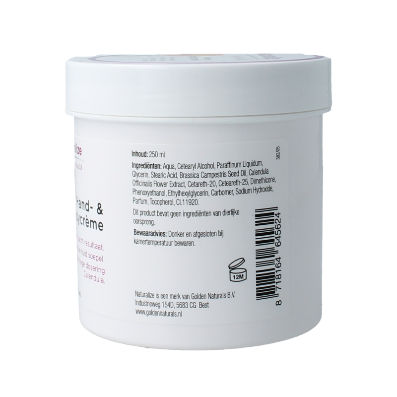 Naturalize hand and body cream in a 250ml container, featuring smooth, nourishing body care with natural ingredients.