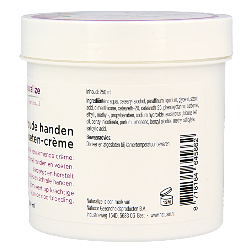 Naturalize Koude handen en voeten crème in 250ml tube, moisturizing body care for cold hands and feet.