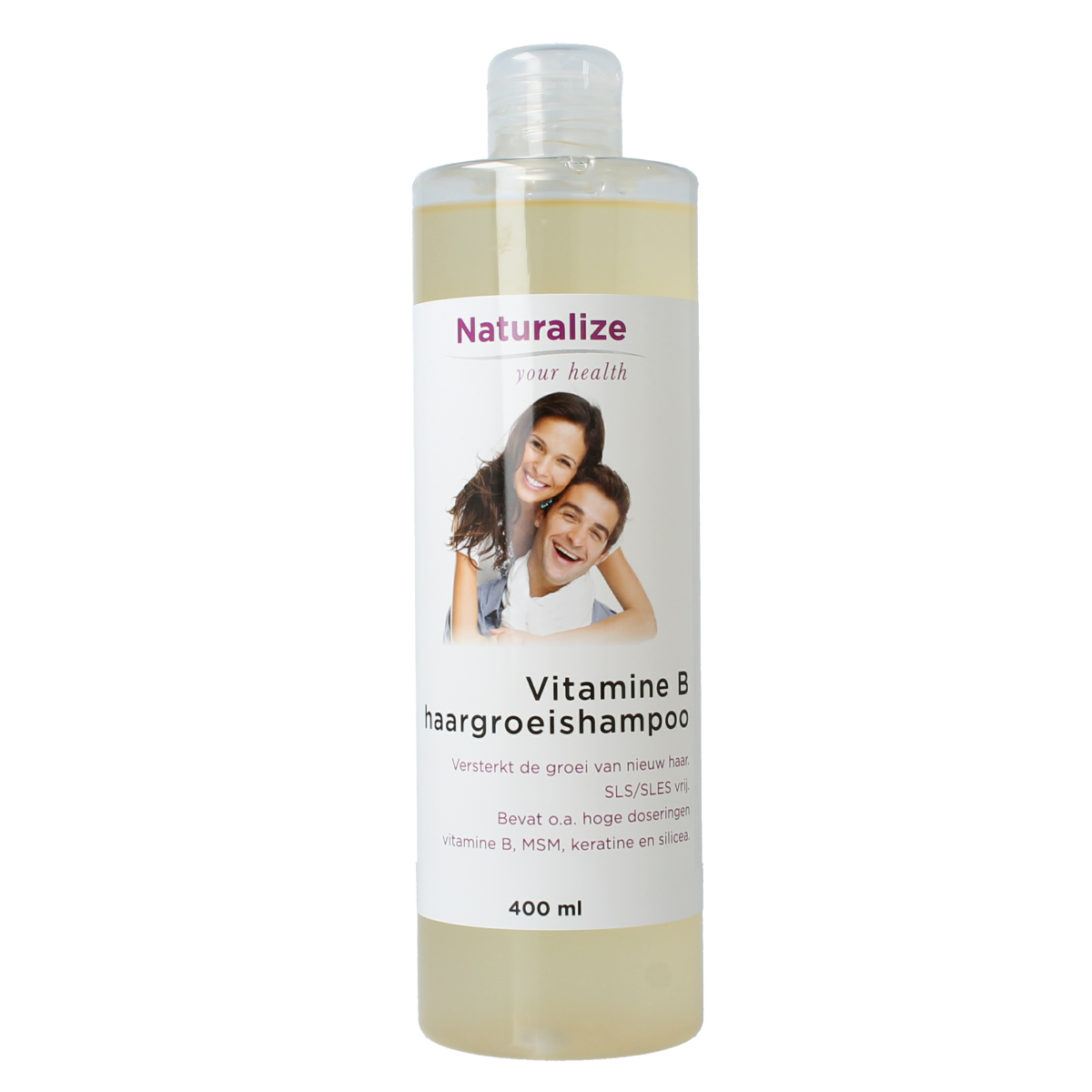 Naturalize vitamine B shampoo for hair growth in a 400ml bottle, nourishing hair and scalp with natural ingredients.
