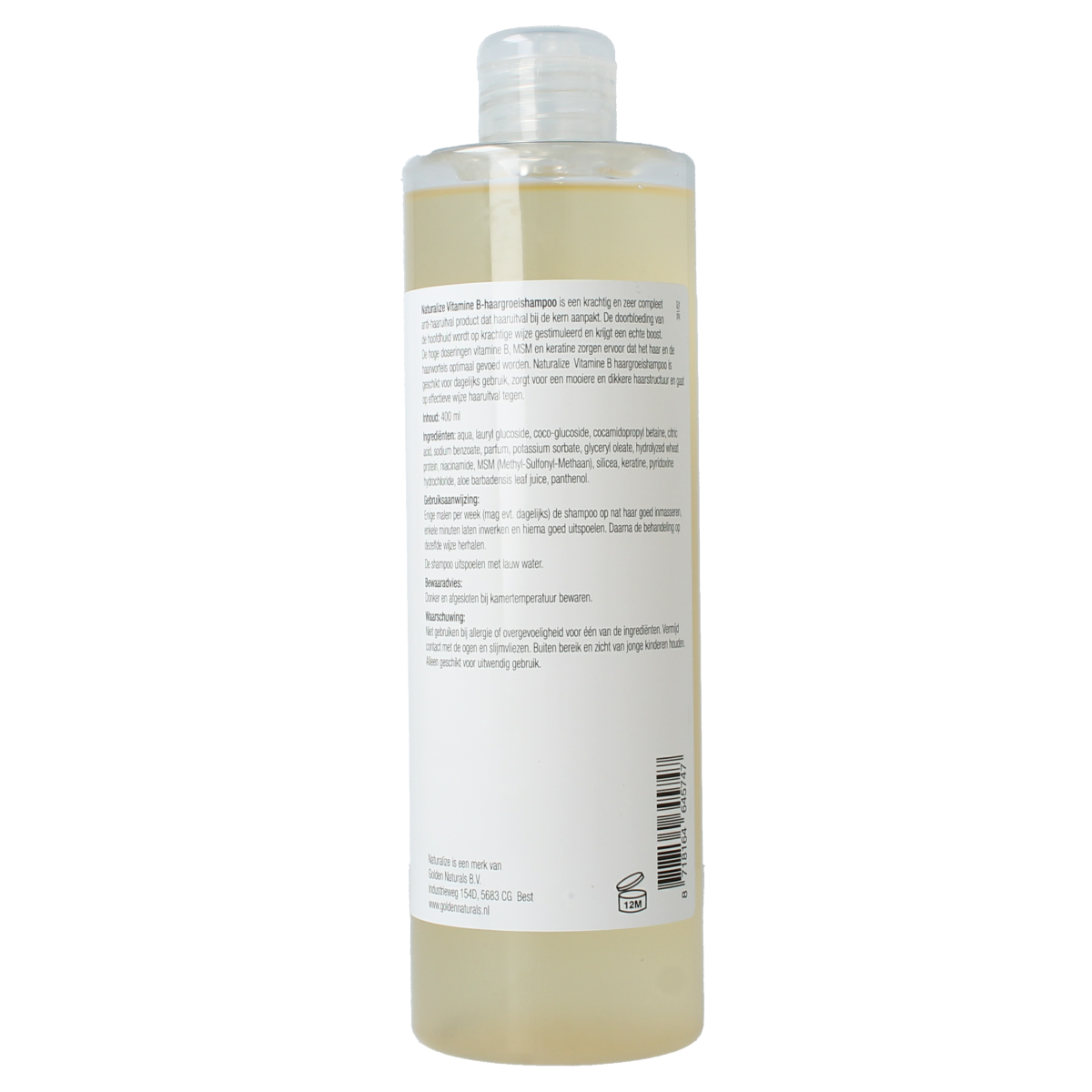 Naturalize vitamine B shampoo for hair growth, 400ml, natural hair care product with nourishing ingredients, shown in the image.