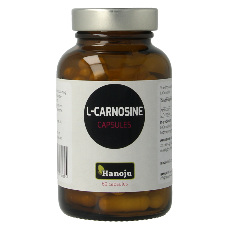Hanoju L-Carnosine 400mg vegetarian capsules, dietary supplement containing amino acids in a clear bottle with capsules visible.