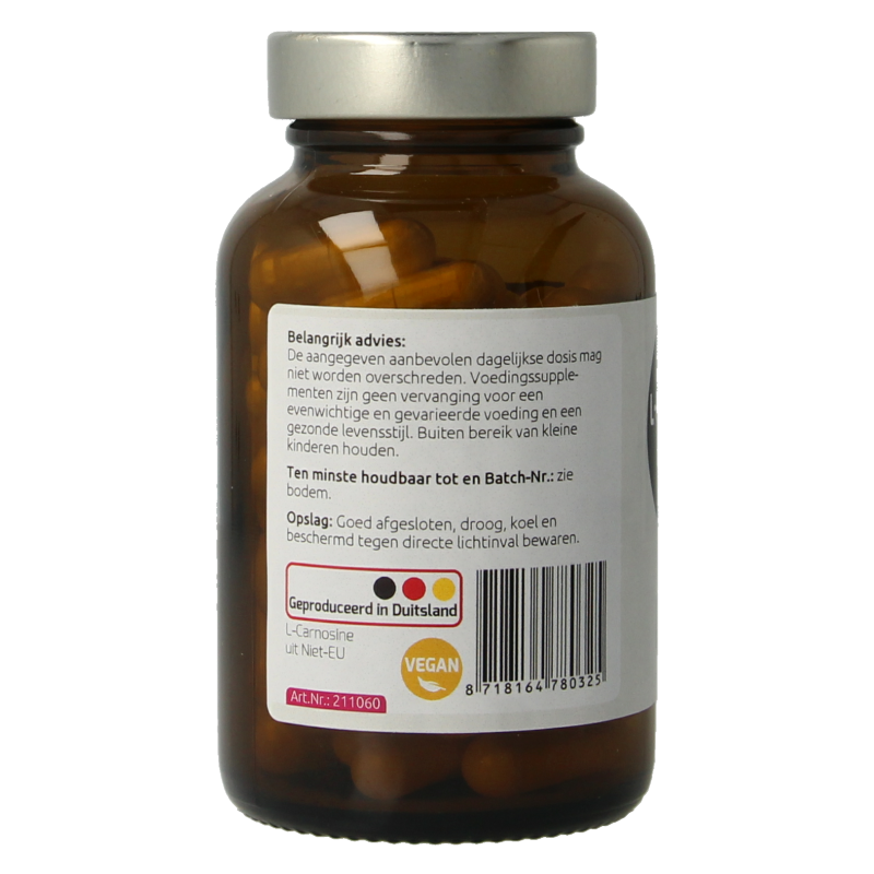 Hanoju L-Carnosine 400mg vegetarian capsules, dietary supplement, shown in a row of capsules in a clear bottle.