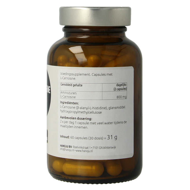 Hanoju L-Carnosine 400mg vegetarian capsules, bottle of 60 amino acid supplement capsules, white bottle with label.