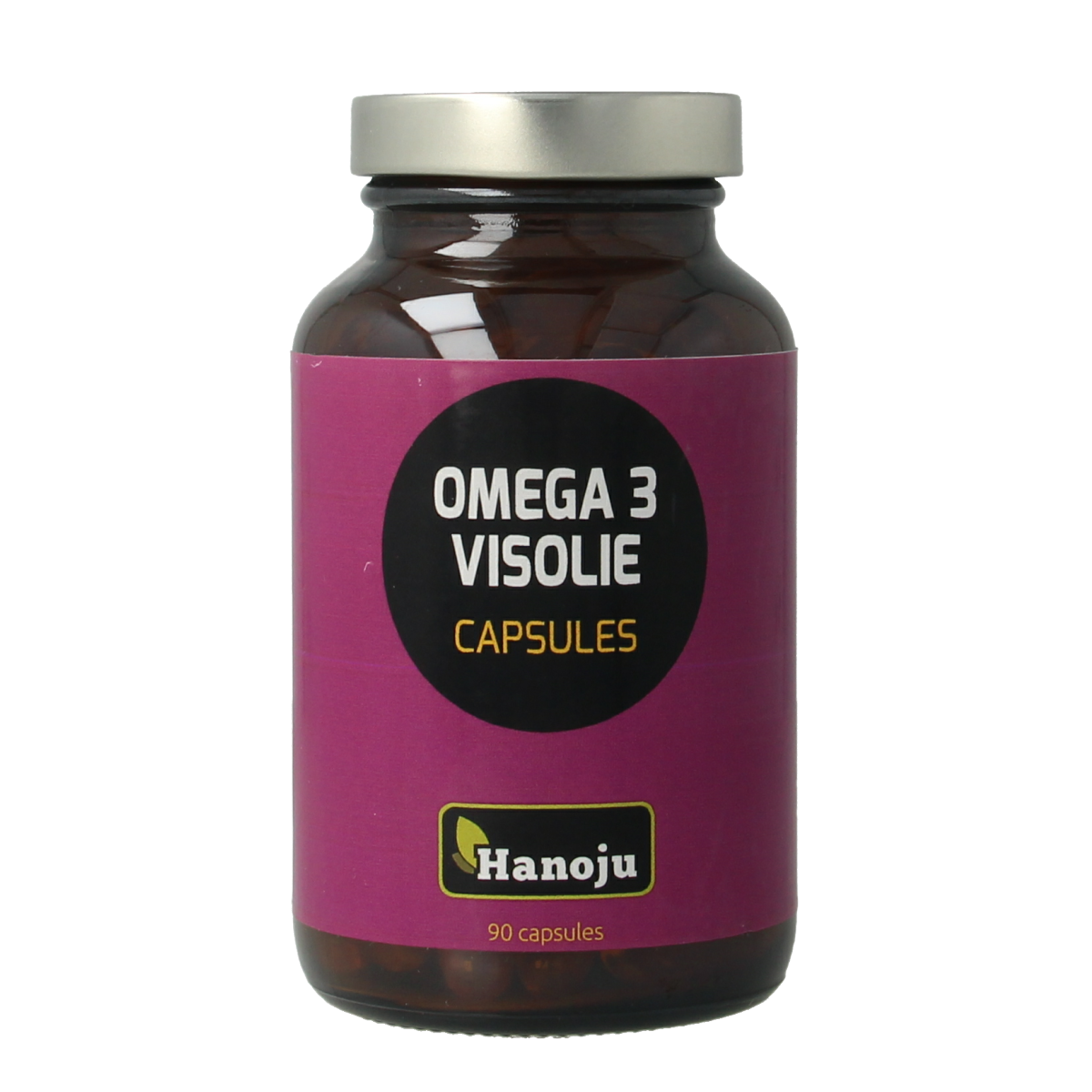 Hanoju Omega 3 visolie capsules, softgel supplement containing healthy fats, shown in a close-up image.