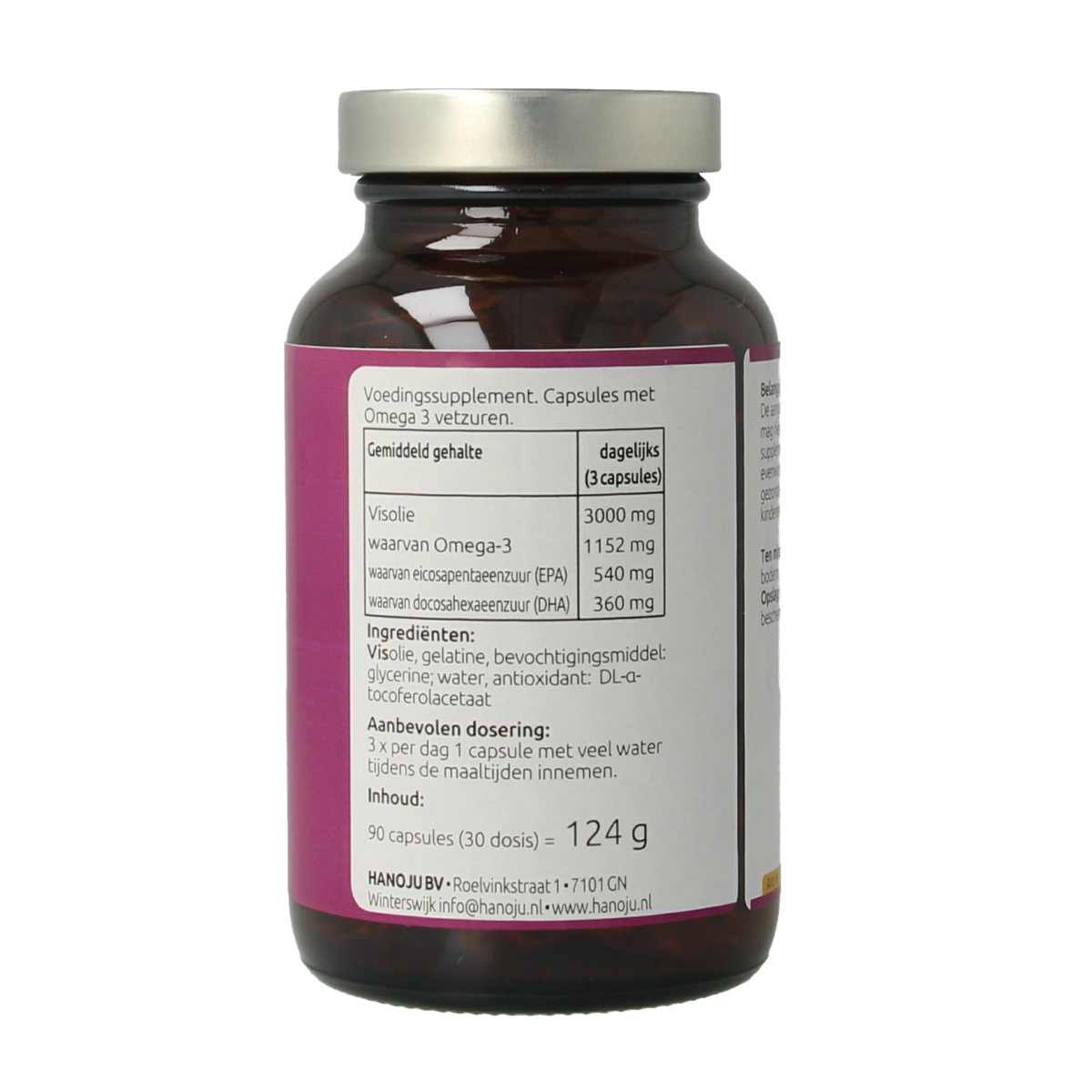 Hanoju Omega 3 visolie capsules, soft gel dietary supplement with essential fatty acids, shown in a close-up image.