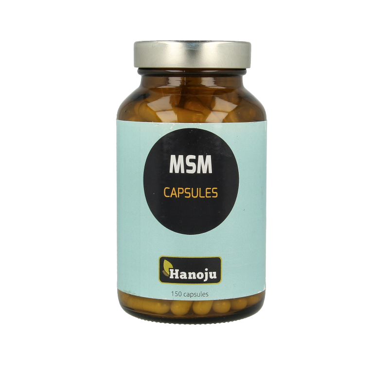 Hanoju MSM methyl 150 vegetarian mineral capsules in a bottle, showing the product label with capsules inside