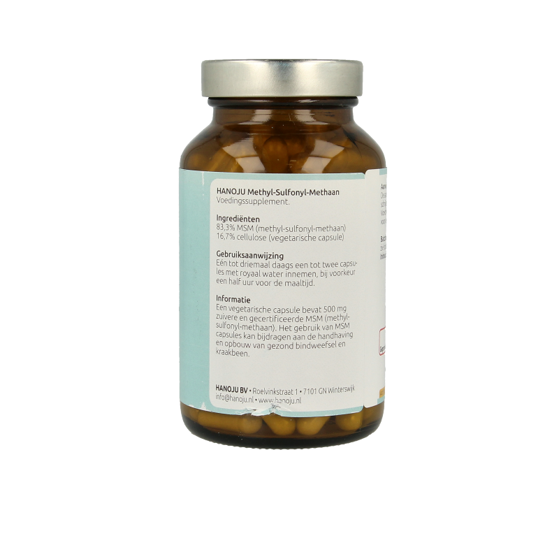 Hanoju MSM methyl 150 vegetarian mineral capsules in a bottle, showing the product label and capsules inside.