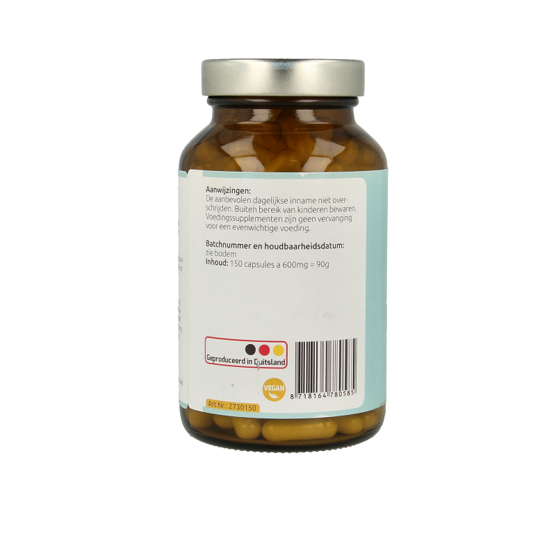 Hanoju MSM methyl 150 vegetarian capsules, mineral supplement in a clear plastic bottle with capsules visible inside.