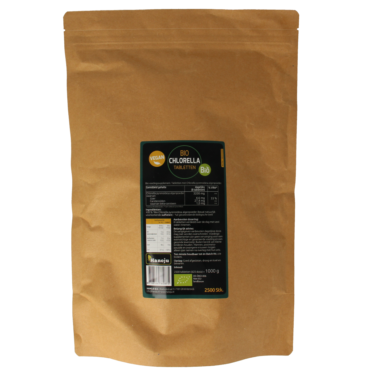 Hanoju Bio Chlorella tablets in paper bag, eco-friendly herbal supplement, 2500 tablets for detox and nutrition.