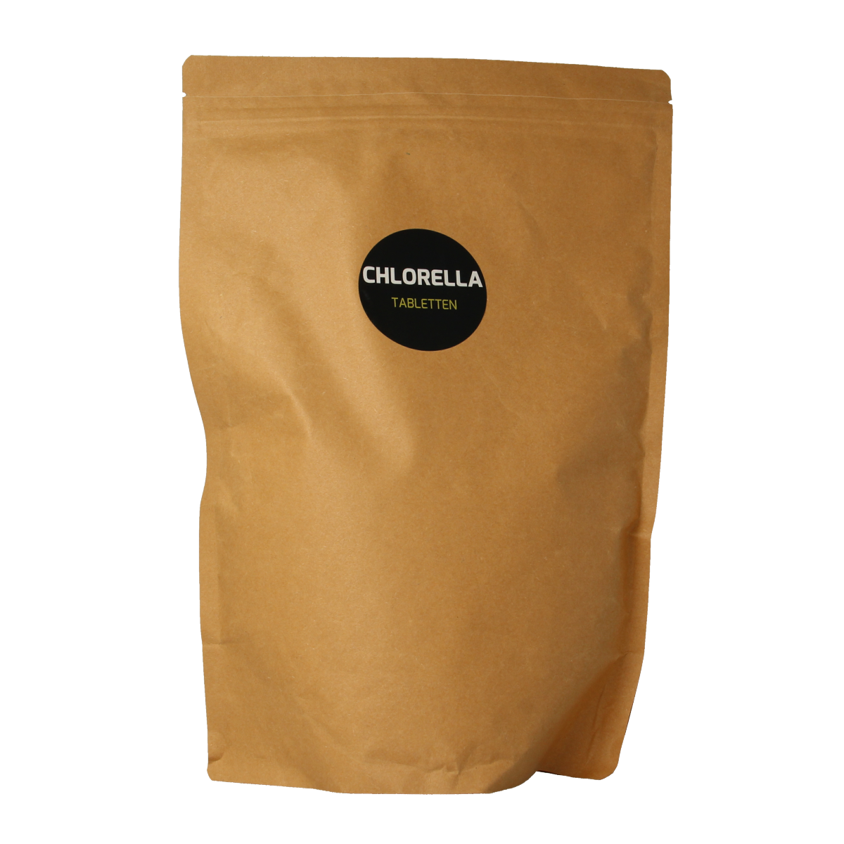 Hanoju Chlorella tablets in paper bag, natural green supplement for detox and health, 2500 tablets in package.